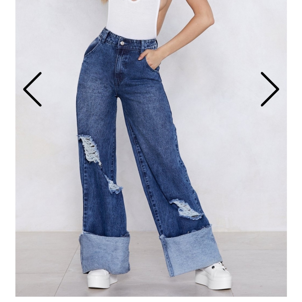 High-waisted distressed wide-leg denim